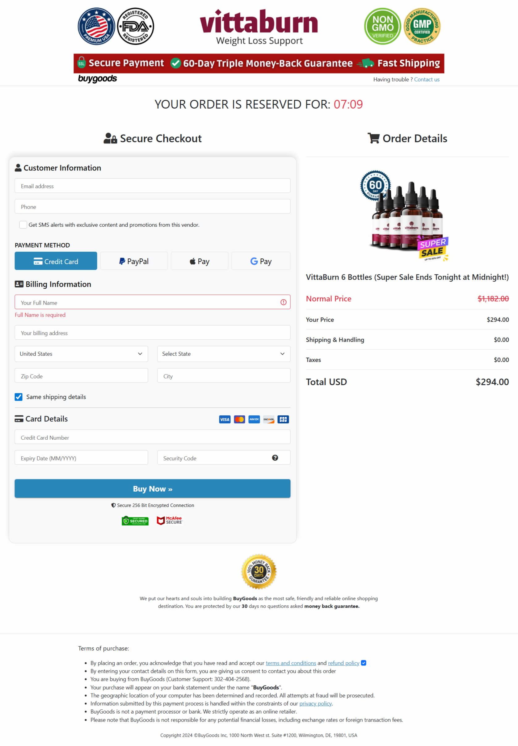 VittaBurn Order Checkout Page